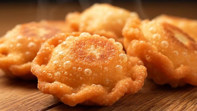 Close-up macro shot of fresh, hot, deep-fried dumplings or traditional golden crispy pastries resting on a rustic wooden table, showcasing appetizing texture and steam.