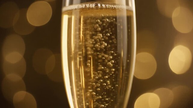 Champagne flute with rising bubbles stock video. Close up of golden carbonated sparkling wine in a glass. Festive bokeh background for luxury celebrations, weddings, and new year toasts.