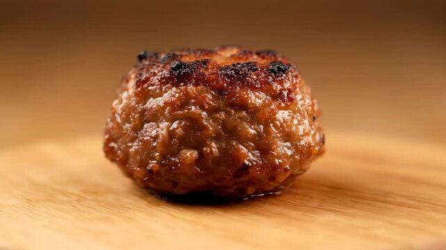 Close-up shot of a single perfectly grilled and browned homemade meatball resting on a rustic wooden cutting board with a warm, soft background.
