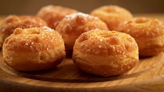 Close-up of delicious homemade deep-fried donuts covered in granulated sugar, served on a rustic wooden board with warm background lighting.