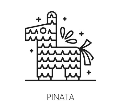 Mexican pinata icon for holiday of Mexico, birthday fiesta gift and celebration line symbol. Mexican pinata or carnival party game toy of donkey animal for kid surprise and traditional entertainment