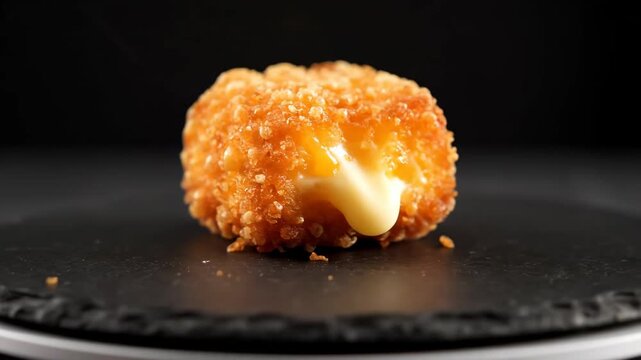 Golden crispy deep-fried appetizer (croquette or arancini) displayed on a dark slate board against a black background, emphasizing the crunchy texture of the breading in a dramatic studio shot.