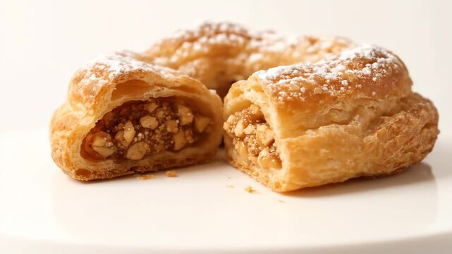 Close up of a freshly baked puff pastry dessert, dusted with powdered sugar and cut in half to show the rich nut filling on a white plate.