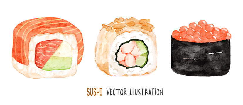Watercolor Japanese sushi set. Salmon sushi, caviar sushi, shrimp sushi. Vector food illustration.