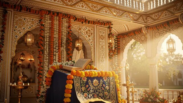 Sacred altar with holy scripture and floral decorations for celebration