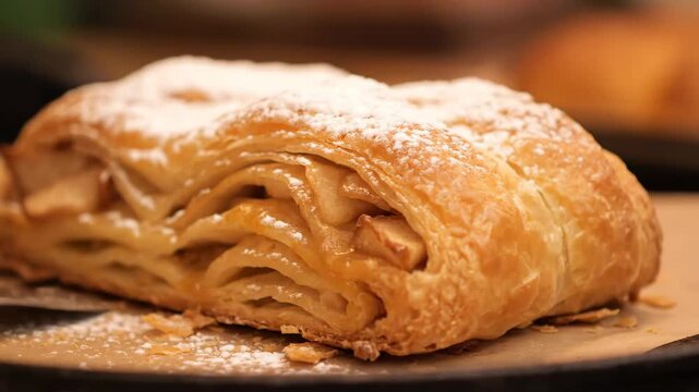 Delicious close-up of traditional golden puff pastry strudel or turnover filled with warm apple slices and finished with a dusting of powdered sugar.