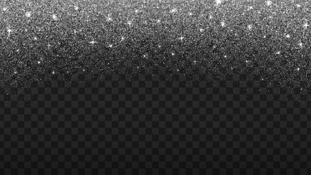 Falling silver spray confetti glitter particles background. Shiny luminous aluminium shimmer, star dust glow sequin overlay. Glowing silver sparkle texture overlay for New Year party invitations