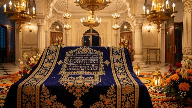 Ornate Interior of a Worship Hall Decorated for a Religious Celebration