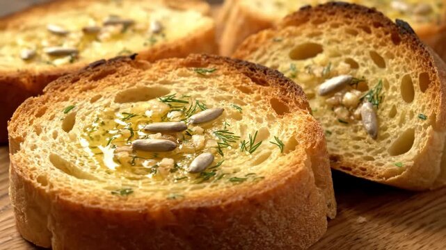 Appetizing toasted baguette slices drizzled with golden olive oil, garnished with fresh dill and crunchy sunflower seeds, ready to be served as an Italian bruschetta or healthy snack.