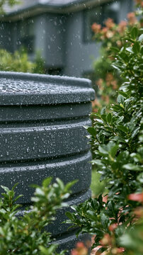 Rain barrel in the Garden: A large rain barrel stands amidst lush greenery, collecting rainwater under a gentle downpour, highlighting an eco-friendly approach to water conservation in a home garden.