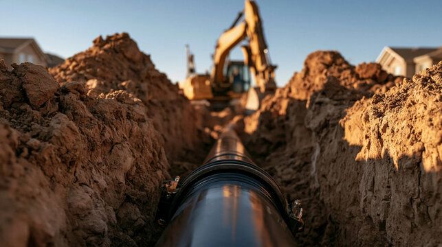 Excavation for Infrastructure: A close-up view of a large pipe laid in a deep trench, with a yellow excavator working in the background under a clear sky, symbolizing construction and development.