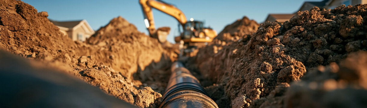 Utility Installation: A construction site where heavy machinery operates as pipes are laid in a deep trench, highlighting infrastructure development.