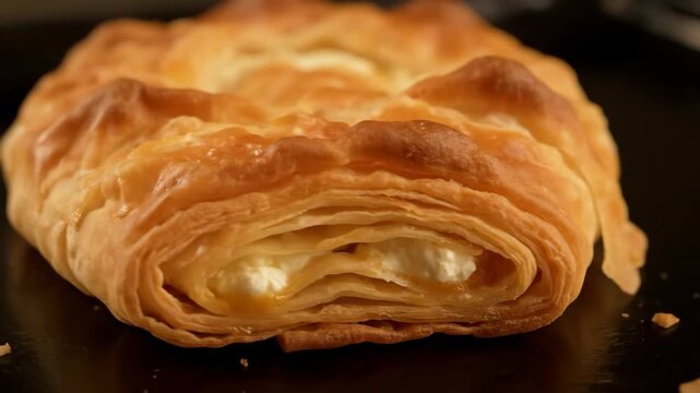 Close-up of golden brown flaky puff pastry filled with creamy white cheese or sweet cream filling, freshly baked and appetizing.