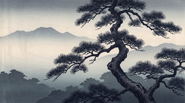 Japanese Woodblock Style Landscape Painting of Pine Tree and Distant Mountains for Wall Art
