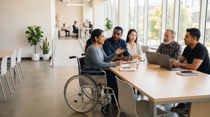 Fototapeta premium Diverse business team including wheelchair user collaborating in a modern accessible office
