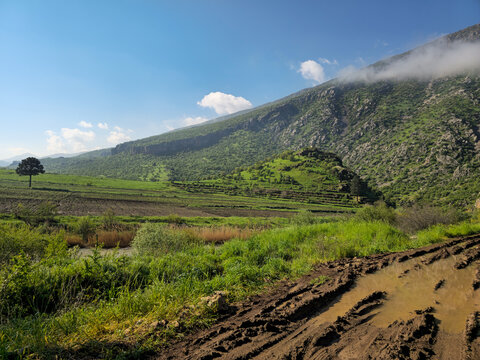 Muddy dirt road with a large mud puddle overlooks a fertile green valley with a small river, framed by a towering forested mountain topped with drifting clouds.
📍Ghol, Sarvabad, Kurdistan 