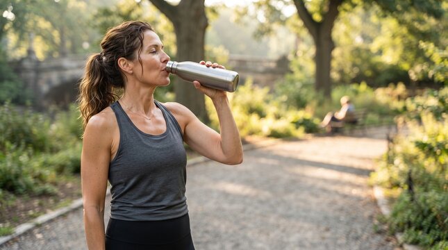 Active woman drinking water from reusable bottle during outdoor workout in sunny park