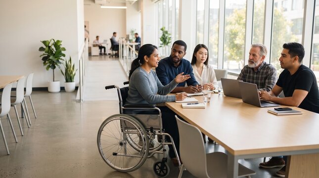 Diverse business team including wheelchair user collaborating in a modern accessible office