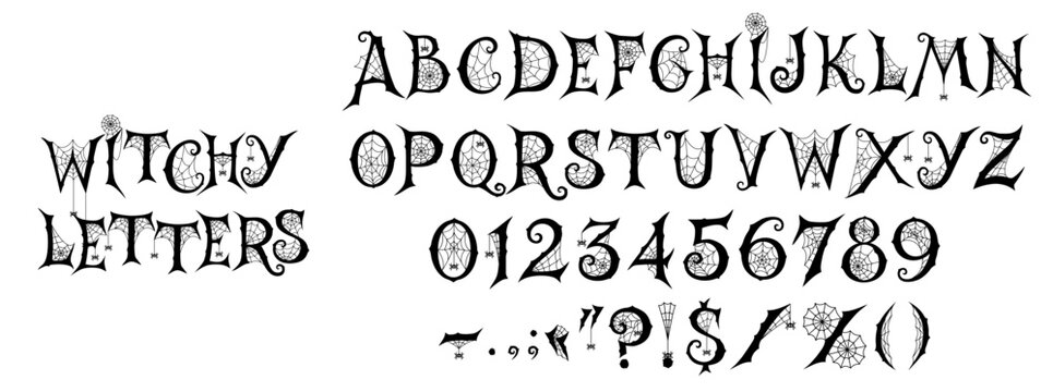 Spooky Halloween font, scary monster typeface letters, creepy zombie abc alphabet mystery vector type. Halloween horror font alphabet letters, numbers and punctuation marks with spiders and cobweb