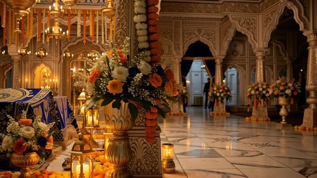 Ornate Interior Decor for Religious Celebration with Floral Arrangements
