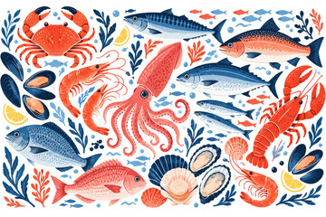 Obraz premium Colorful Seafood Pattern with Fish Shrimp Crab Lobster and Shellfish