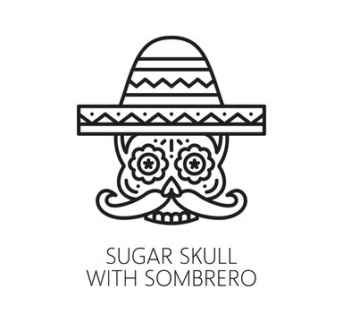 Sugar skull line icon for Mexican holiday and Mexico Dia De Los Muertos celebration festival. Calavera skull icon with mustaches, sombrero and marigold flowers decorations for Mexican Day of the Dead