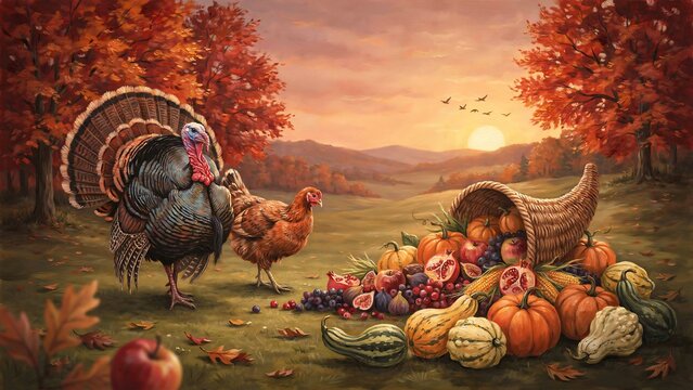 Thanksgiving scene with a turkey and hen in a field at sunset with a cornucopia overflowing with pumpkins and gourds