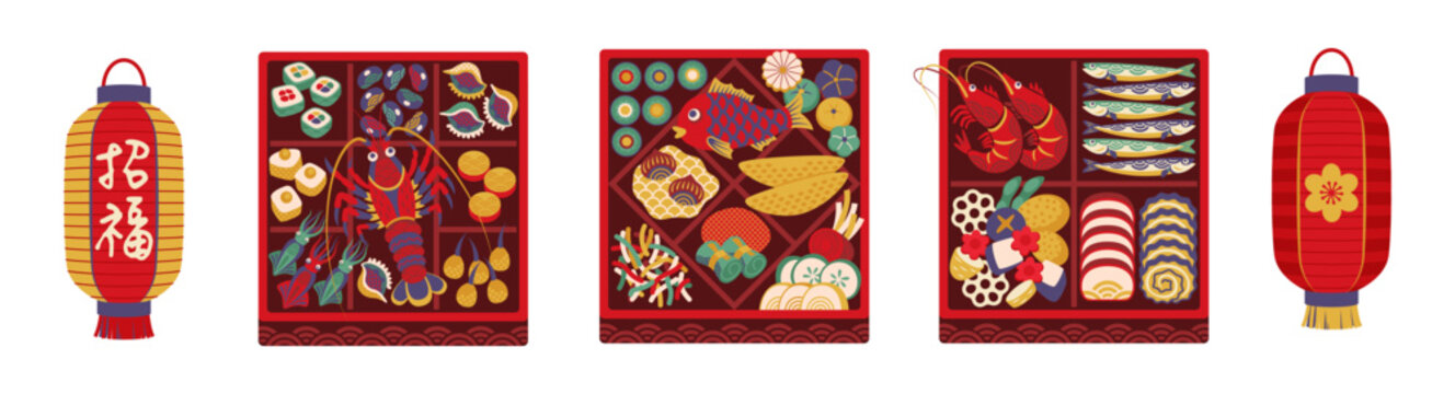 Cartoon Japanese New Year icons, holiday osechi food and traditional red lanterns. Japanese cuisine New Year meal box, fish cakes, kelp rolls and black beans, grilled lobster and nishime vegetables