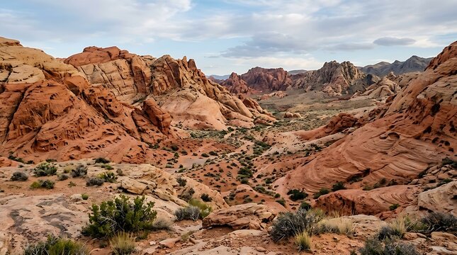 Desert canyon landscape with dramatic rock formations and sparse vegetation under a cloudy sky