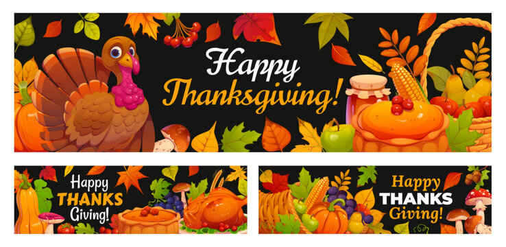 Happy Thanksgiving holiday black chalkboard banners. Cartoon horizontal web headers featuring cartoon turkey, pumpkins, cornucopia, pie and corn for social media and autumn harvest event posters