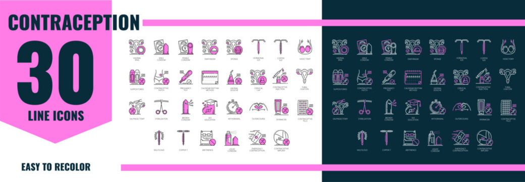 Contraception control methods icons set. Vector reproductive health symbols with pill, condom, iud, implant and fertility methods for family planning, pregnancy prevention, medical education or clinic