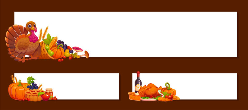 Happy Thanksgiving autumn holiday banners set. Empty horizontal web headers with white copy space. Cartoon fall banners with turkey, cornucopia and pumpkins for Thanksgiving event posters