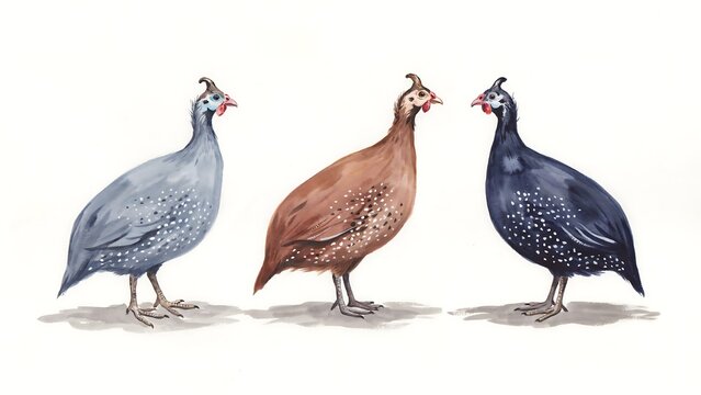 Three guinea fowl birds standing in a row isolated on a white background watercolor