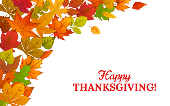 Happy Thanksgiving day banner with autumn fall leaves. Cartoon vibrant banner with colorful fall foliage framing large white copy space for holiday cards, invitations and seasonal announcements