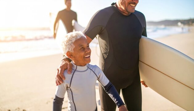 Happy Man Mentoring Little Boy with Down Syndrome at the Beach with Surfboards