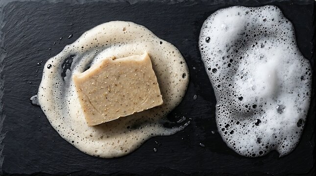Handmade soap bar with creamy lather and bubbles on dark slate