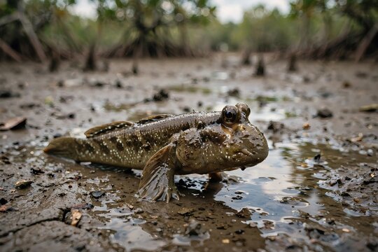 Detailed close up of a mudskipper Periophthalmus resting on wet mud in a tropical mangrove forest environment highlighting its unique amphibious adaptations and prominent eyes