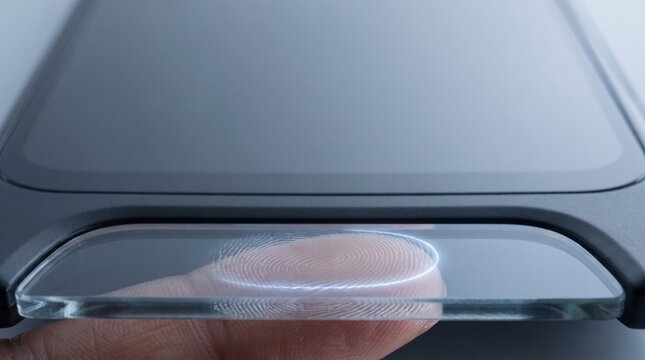 A finger interacts with a clear security device for biometric fingerprint validation, glowing blue. This high-tech scene features ample copy space for digital content