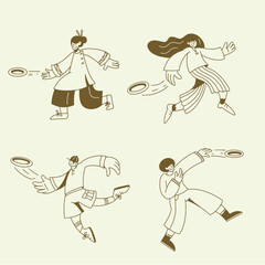 Obraz premium Cute People Playing Frisbee Outdoor with Dynamic Tossing and Catching Activity Illustration