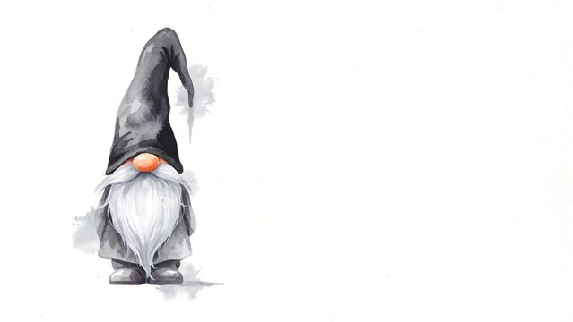 Watercolor of a small gnome with a tall black hat and long white beard on a white background