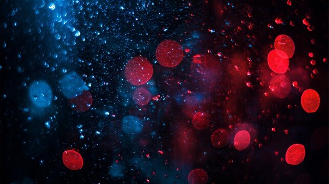 Abstract macro of red and blue bokeh orbs with rain droplets on glass, shallow depth of field, cinematic dark background, soft blurred light reflections, artistic pattern and moody atmosphere