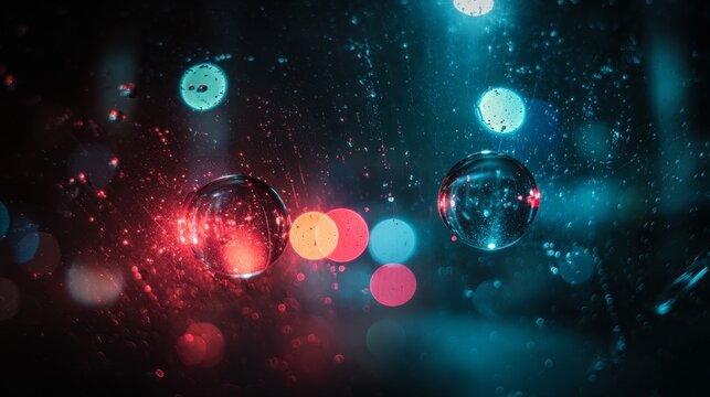 Abstract macro of red and blue bokeh orbs with rain droplets on glass, shallow depth of field, cinematic dark background, soft blurred light reflections, artistic pattern and moody atmosphere