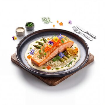 3D Gourmet grilled salmon fillet served with creamy sauce, asparagus, and edible flowers