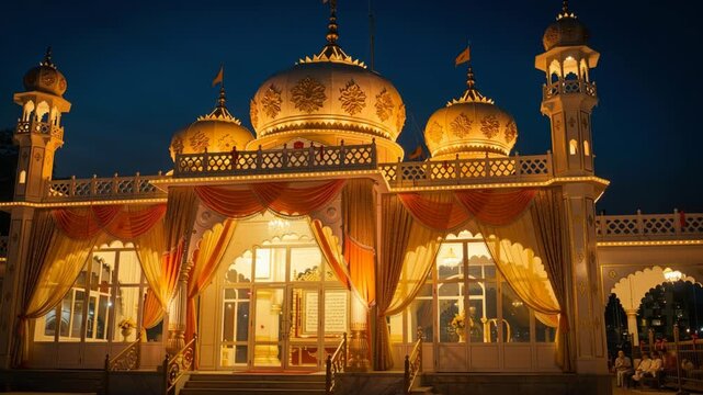 Illuminated religious building adorned with festive fabric during night