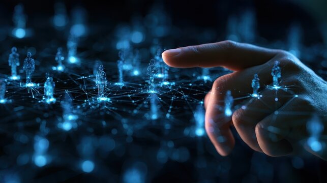 Public relations and network concept, finger touching a glowing digital web of people, futuristic holographic UI, dark and sleek stock image