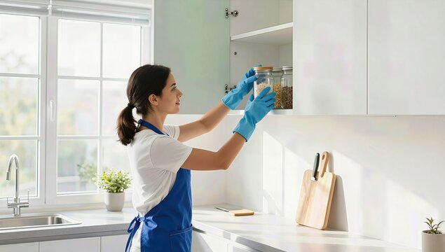 Young Woman wearing Blue Apron and Gloves Organizing Glass Jars with Grains in a Bright Modern White Kitchen with Natural Sunlight from Window