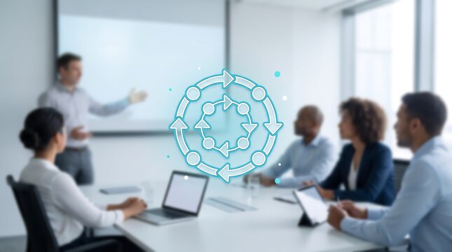 Business team in a boardroom meeting with a glowing circular arrow process flow diagram overlay representing continuous improvement and iterative development cycles in business