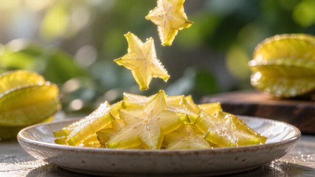 Fresh Starfruit Slices with Whole Carambola in Natural Light