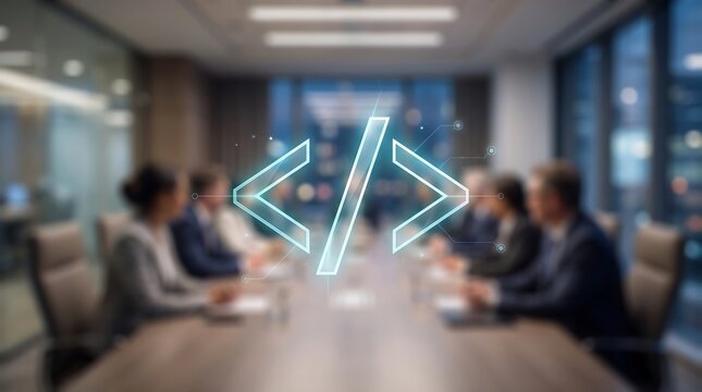 Digital software development code icon floating over diverse business team in modern office boardroom during collaborative meeting session for corporate innovation and technology strategy planning