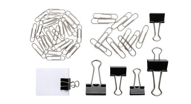 Collection of metal paperclips and binder clips